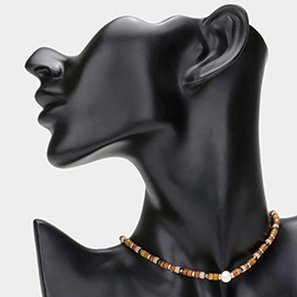 Round Pearl Accented Metal Faceted Beaded Choker Necklace