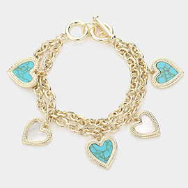 Pearl Turquoise Heart Charm Layered Toggle Bracelet