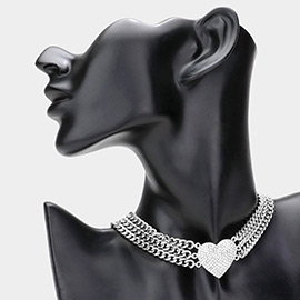 Stone Paved Heart Pendant Triple Chain Layered Choker Necklace