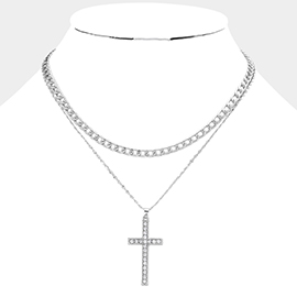 Silver Dipped Stone Paved Cross Pendant Cuban Chain Layered Necklace