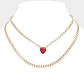 Gold Dipped Red Heart Pendant Cuban Chain Layered Necklace