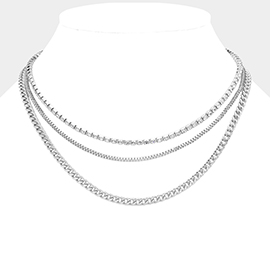 Silver Dipped Rhinestone Metal Chain Layered Necklace