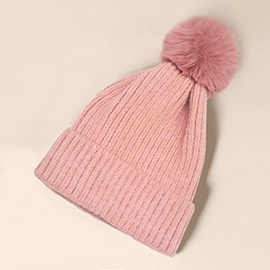 Solid Knit Pom Pom Beanie Hat