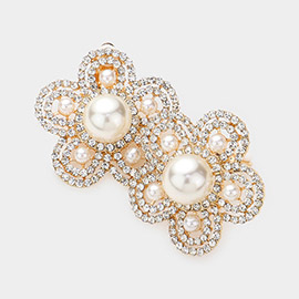 Pearl Stone Paved Flower Clip On Earrings