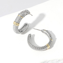 Stone Paved Two Tone Hoop Earrings