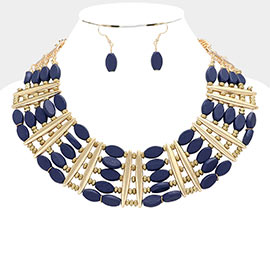 Oval Wood Beaded Statement Necklace