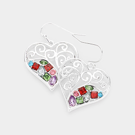 Colorful Stone Embellished Filigree Heart Dangle Earrings