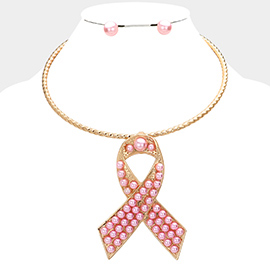 Pearl Pink Ribbon Pendant Choker Necklace