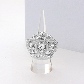 Round Stone Accented Rhinestone Embellished Crown Stretch Ring