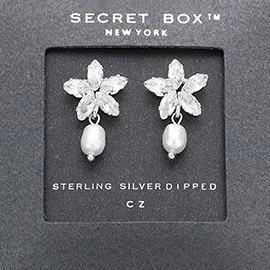 Secret Box_Sterling Silver Dipped CZ Stone Cluster Flower Pearl Dangle Earrings