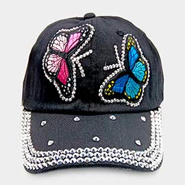 Bling Glass Crystal Stone Accented Butterfly Baseball Cap