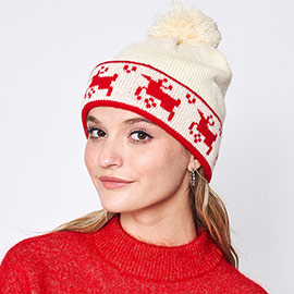 Reindeer Holiday Pom Pom Beanie Hat