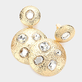 Stone Embellished Textured Metal Disc Clip On Earrings