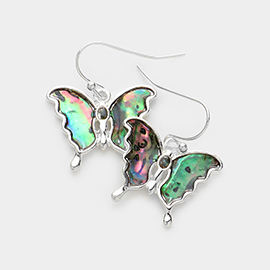 Abalone Embossed Metal Butterfly Dangle Earrings