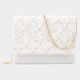 Pearl Embellished Sequin Seed Beaded Flower Crossbody / Clutch Bag