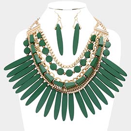 Wooden Spike Accented Metal Chain Layered Bib Necklace
