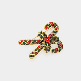 Rhinestone Paved Christmas Cane Pin Brooch