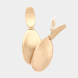 Brushed Metal Oval Plate Dangle Clip On Earrings