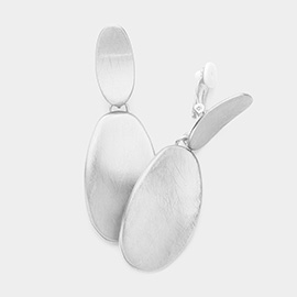 Brushed Metal Oval Plate Dangle Clip On Earrings