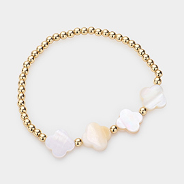 Mother Of Pearl Quatrefoil Round Beads Stretch Bracelet