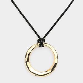 Textured Metal Open Circle Pendant Rope Necklace