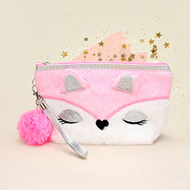 Fuzzy Animal Face Pom Pom Pouch Wristlet Bag