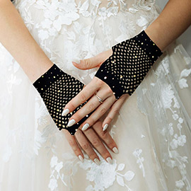 Stone Embellished Fishnet Fingerless Wedding Gloves