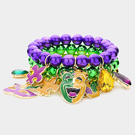 Mardi Gras Enamel Fleur de Lis Mask Stone Charm Multi Layered Stretch Bracelet