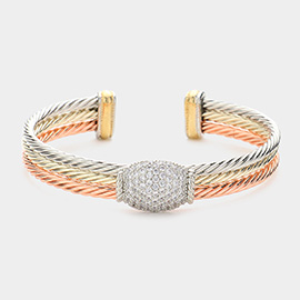 Rhinestone Paved Pendant Embellished Three Tone Twisted Metal Cuff Bracelet