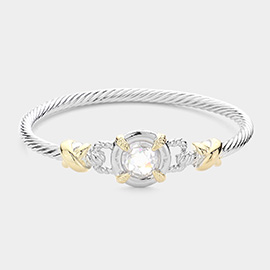 CZ Stone Cluster Accented Rope Metal Bangle Bracelet