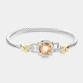 CZ Stone Cluster Accented Rope Metal Bangle Bracelet