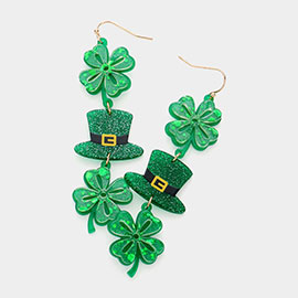 St Patricks Day Acetate Clover Hat Link Dropdown Earrings