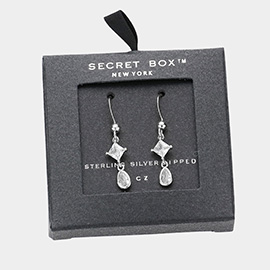 SECRET BOX_Sterling Silver Dipped Teardrop Diamond CZ Stone Dropdown Dangle Earrings