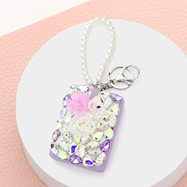 Floral Multi Bead Embellished Rectangle Compact Mirror / Keychain