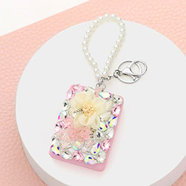 Floral Multi Bead Embellished Rectangle Compact Mirror / Keychain