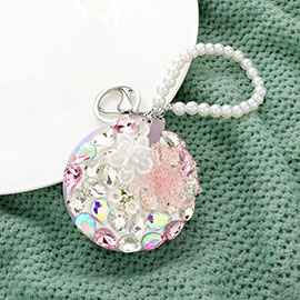 Floral Multi Bead Embellished Round Compact Mirror / Keychain
