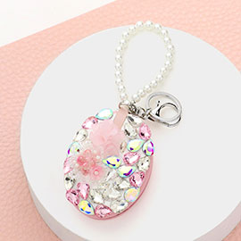 Floral Multi Bead Embellished Oval Compact Mirror / Keychain