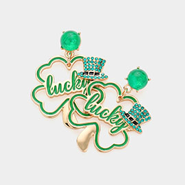 St Patricks Day LUCKY Message Clover Dangle Earrings