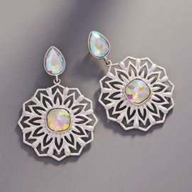 Glass Stone Embellished Flower Dangle Earrings