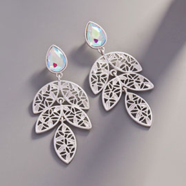 Teardrop Glass Stone Metal Filigree Leaves Dangle Earrings