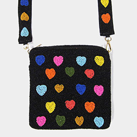 Seed Beaded Heart Pattern Square Crossbody Bag