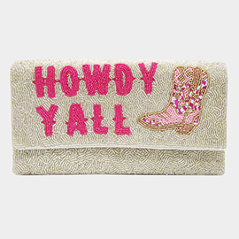 HOWDY YALL Message Cowboy Boots Seed Beaded Clutch / Crossbody Bag