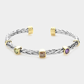 Square CZ Stone Bezel Accented Braided Metal Cuff Bracelet