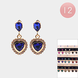 12PAIRS - Heart Glass Stone Dangle Earrings