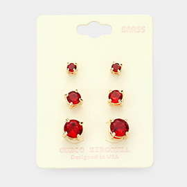 3Pairs - CZ Cubic Zirconia Round Stud Earrings