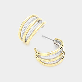 CZ Stone Paved Two Tone Split Metal Hoop Earrings