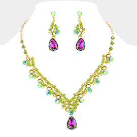 Teardrop Round Stone Accented Leaf Evening Necklace