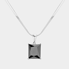 Stainless Steel CZ Rectangle Pendant Necklace