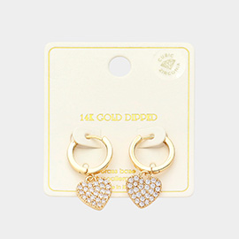 14K Gold Dipped CZ Stone Paved Radiant Heart Swing Dangle Huggie Earrings