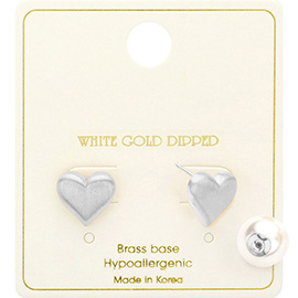 White Gold Dipped Matte Heart To Pearl Peekaboo Earrings